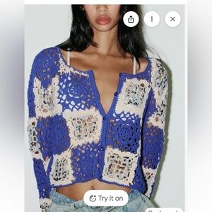 Rare NWOT Zara Blue and Cream Crochet Crop cotton sweater Sz M(rare)